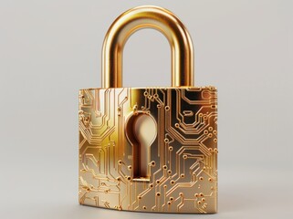 Golden padlock with digital circuit patterns on a gray background