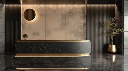 A black and gold lobby with a large mirror and a potted plant