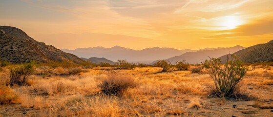 Fototapeta premium Expansive desert view at dusk, with silhouetted flora and gentle mountain gradients, evoking a sense of tranquility and solitude