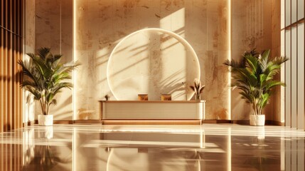 Fototapeta premium A large room with a white desk and two potted plants