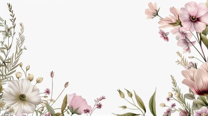 Obraz premium Colorful mix of wildflowers in soft pastels, framing a blank canvas, ideal for springtime greetings and messages