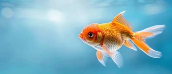 Orange and white goldfish in a calm, clear blue pool, set against a soft gradient of blue tones, emphasizing tranquility