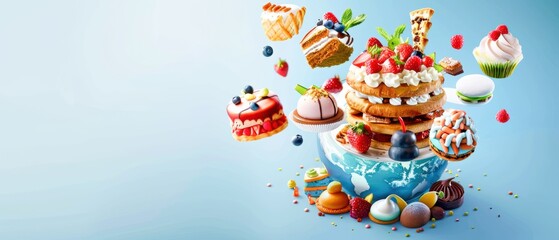 Naklejka premium 3D globe with floating international desserts including British scones, Italian tiramisu, and Japanese matcha sweets, capturing the essence of global confectionery traditions