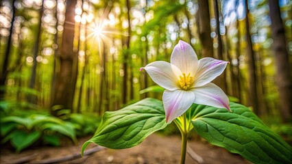 Fototapeta premium Beautiful trillium flower blooming in a forest setting, wildflower, nature, spring, white, three petals, forest floor