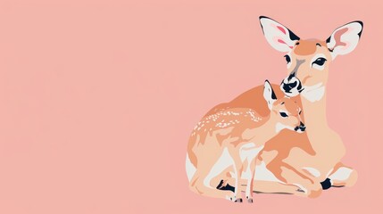 Fototapeta premium Mother Deer and Fawn Resting on Pink Background.