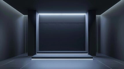 A large empty room with a black wall and a white floor