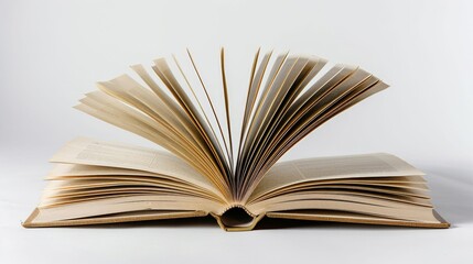 Open book with pages fanned out on a white background
