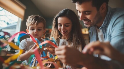 Family decorating a room with streamers