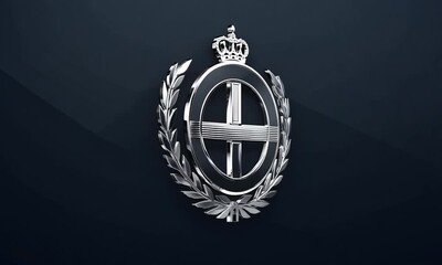 The car logo, showcasing a glass shield with a gold frame and adorned with a crown and ribbon, features a shining silver heraldic emblem on a black background. - Powered by Adobe