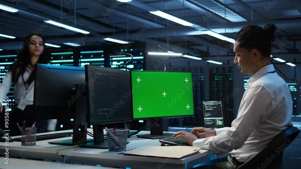 Poster system administrator overseeing data center using green screen computer, ensuring system can handle 