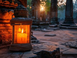 Candle Lantern at Sunset in Ancient Ruins