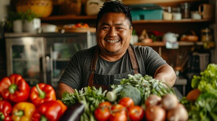Fototapeta premium Smiling Chef with Fresh Vegetables in a Kitchen