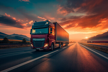 Red freight truck on highway during sunset, transportation and logistics, scenic road trip, long haul trucking, beautiful evening journey.