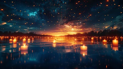 Floating Candles in a Lake at Sunset with a Sky Full of Stars