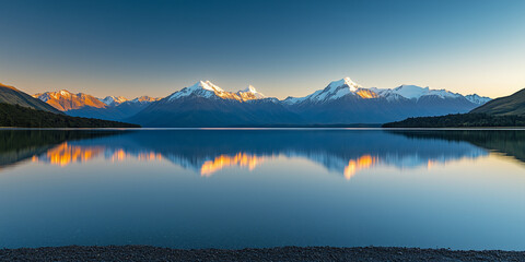 Fototapeta premium Beautiful view of snow capped mountains and blue sky with white puffy clouds in the background on a bright sunny day with a calm clear lake reflecting the backdrop