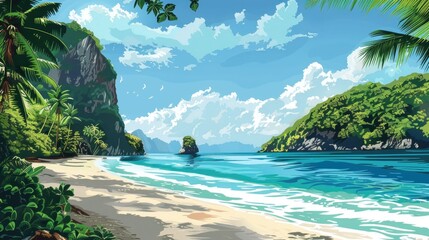 Obraz premium Stunning of a tropical island getaway poster featuring a pristine beach with turquoise blue waters lush palm trees and a majestic landscape in the background