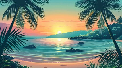 Stunning Tropical Beach Sunset Landscape with Palm Trees and Serene Coastal Scenery  Peaceful and Tranquil Seaside Scene Perfect for Travel Vacation and Relaxation Posters Wallpapers and