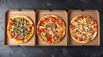 Close up of three types of pizza in cardboard boxes on black background. Assorted Italian food options for delivery and takeaway fast food from restaurant. Gourmet pizza varieties including pepperoni