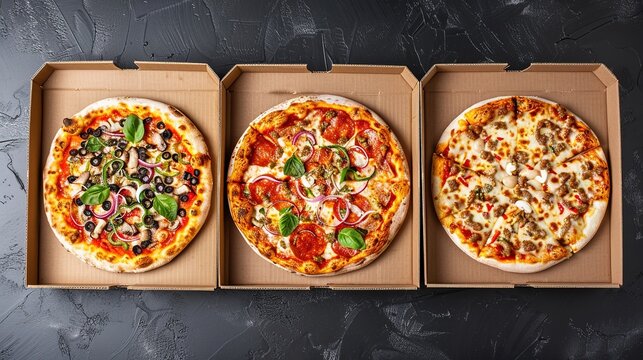 Close up of three types of pizza in cardboard boxes on black background. Assorted Italian food options for delivery and takeaway fast food from restaurant. Gourmet pizza varieties including pepperoni