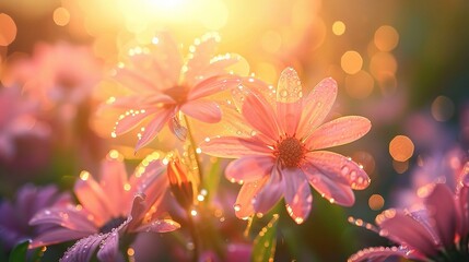 Soft spring morning scene with dew-kissed flowers and a gentle sunrise, copy space