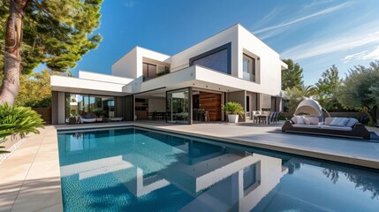 Fototapeta premium Modern house with a swimming pool and patio area for outdoor relaxation