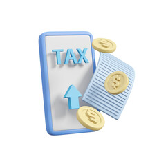 3D Render Illustration Mobile Phone Icon with TAX, Coins, Bill  Concept Simplifying Tax Payments isolated on transparent background.