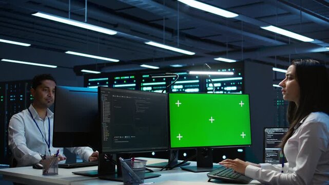 System administrator in data center installing software on green screen computer, troubleshooting issues. IT expert uses mockup PC in server hub, establishing performance benchmarks, camera B