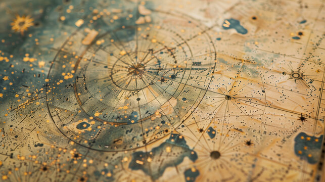 Ancient celestial map with intricate circular patterns. Vintage astronomical chart showing constellations and zodiac symbols. Aged parchment with golden and blue hues, celestial bodies, and cosmic ill
