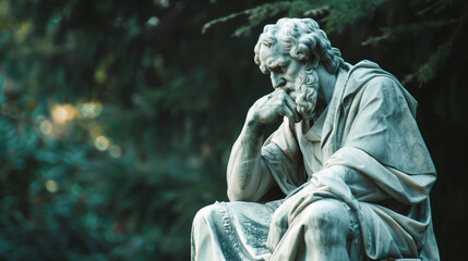 Pensive marble statue in lush garden setting, embodying contemplation and philosophical inquiry. Serene atmosphere enhances reflective mood. Background of a wallpaper