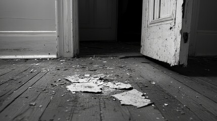 Crime scene photo capturing a door kicked in and blown off its hinges. This image shows the aftermath of a home invasion, with a focus on the violent entryway.