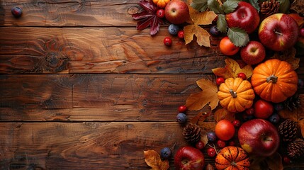 Autumn's Bounty on Rustic Wood: A vibrant symphony of fall colors with pumpkins, apples, and leaves...