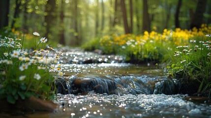 Fototapeta premium Serene Stream in a Sun-Dappled Forest: A tranquil stream flows through a lush forest, sparkling with sunlight and surrounded by vibrant wildflowers. 