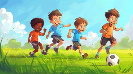 Four young boys excitedly chase after a soccer ball on a bright sunny day, their laughter echoing through the air.