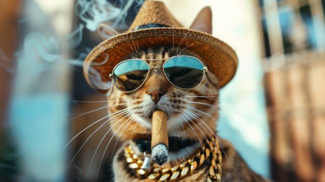 This cool cat is all about the high life, sporting a straw hat, shades, and a chunky gold chain.
