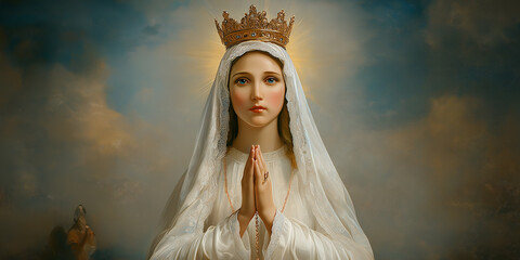 Virgin mary wearing crown praying with rosary beads and cloudy sky © Andres Mejia