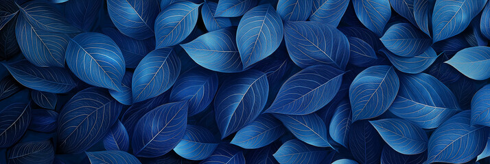 Blue leaves background with golden veins forming an elegant pattern