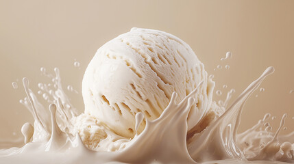 Milk splash with vanilla ball of ice cream inside closeup