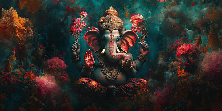 Lord ganesha sitting in lotus pose surrounded by colorful smoke and flowers