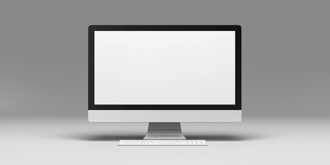 Modern all in one computer displaying blank white screen on gray background