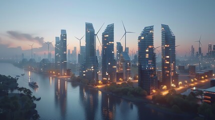 Obraz premium A modern skyline featuring futuristic buildings and wind turbines, reflecting in a serene river at dusk with glowing lights.