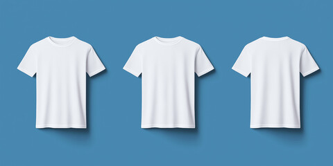 Three white t shirts hanging on blue background apparel design