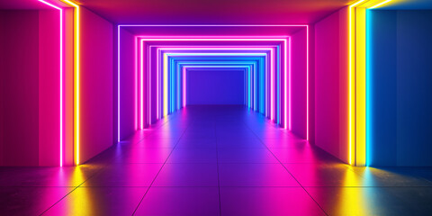 Fototapeta premium Glowing neon retro vibrant pathway lighting up a dark room background