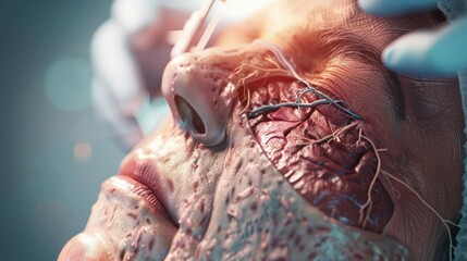 Fototapeta premium A woman's face is being operated on, with a doctor holding a scalpel