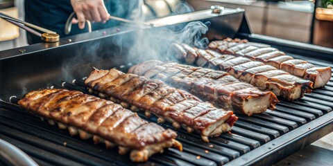Juicy pork ribs grilling on barbecue
