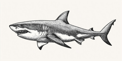 Fototapeta premium Great white shark swimming in the ocean depicted in monochrome engraving style