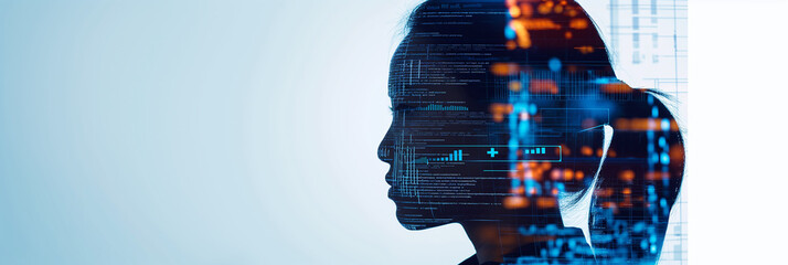 Woman profile overlaid with programming code data internet technology