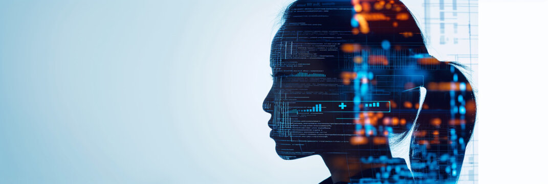 Woman profile overlaid with programming code data internet technology