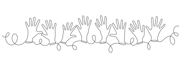Raised hands are symbol of volunteerism, drawn in continuous line in minimalism, single line. Editable vector contour.
