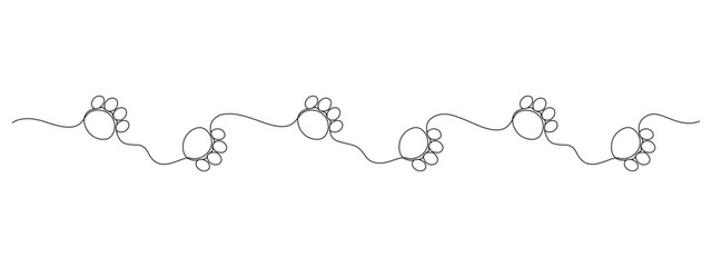 Footprints of an animal, cat or dog drawn in continuous line in minimalism, single line. Editable vector contour.
