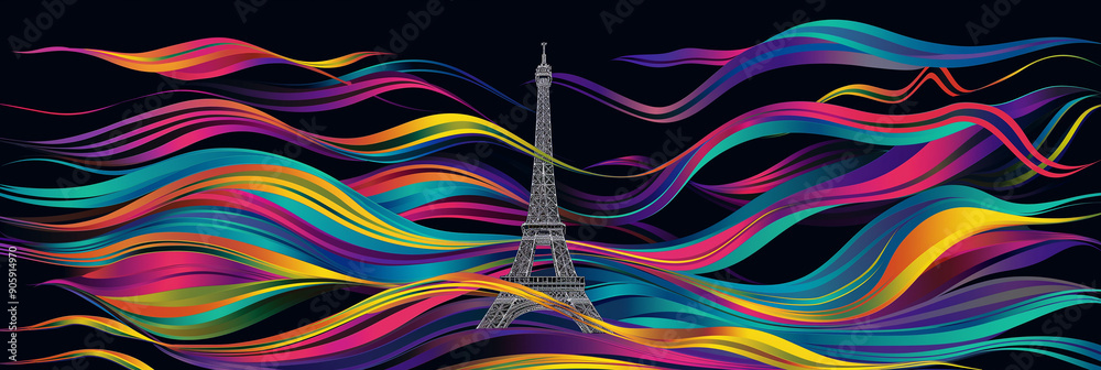 Poster eiffel tower standing among colorful abstract wavy lines